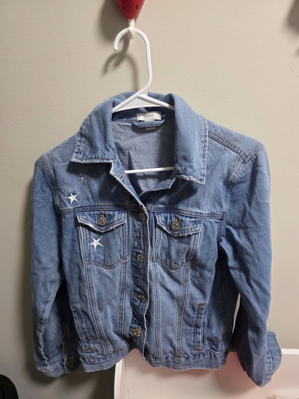 Forever 21 Light Blue Denim Jean Jacket with Star Embroidery